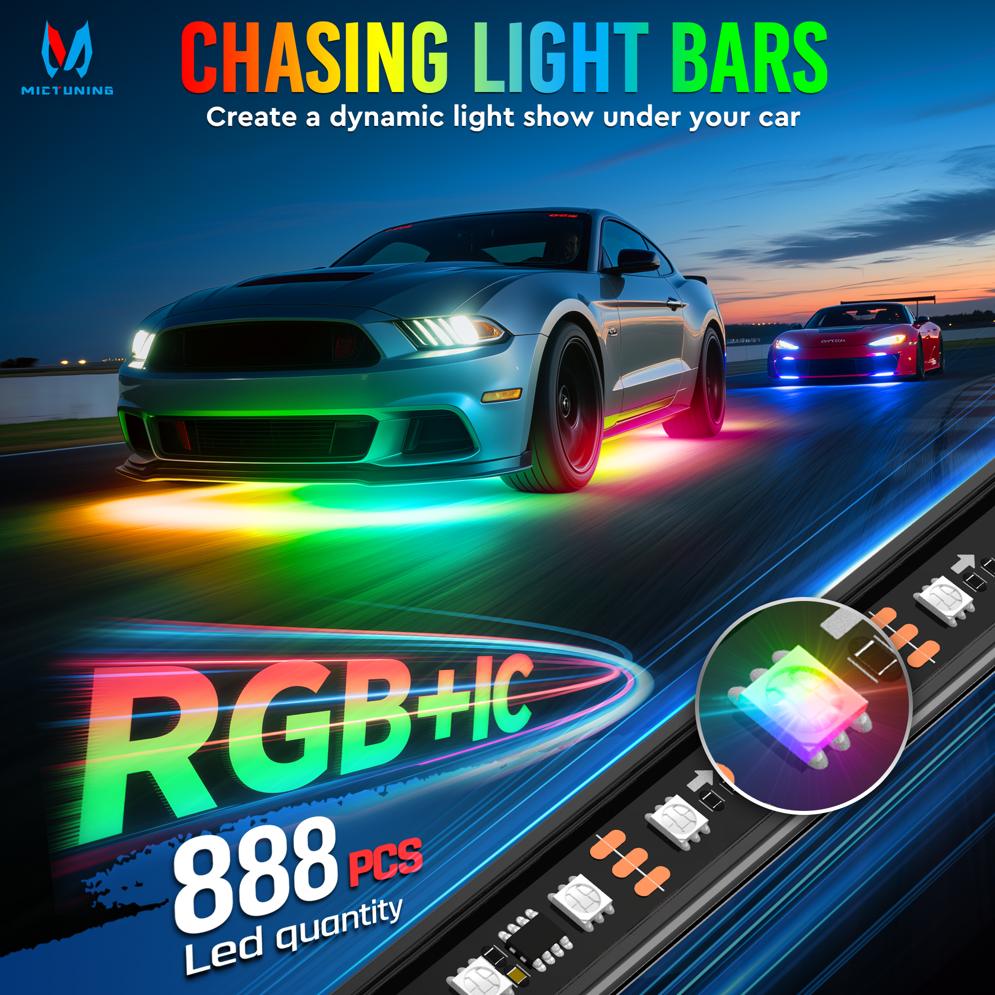 MICTUNING 8Pcs U8 RGB+IC Under - مراجعة Rgb Underglow Strip وسعره