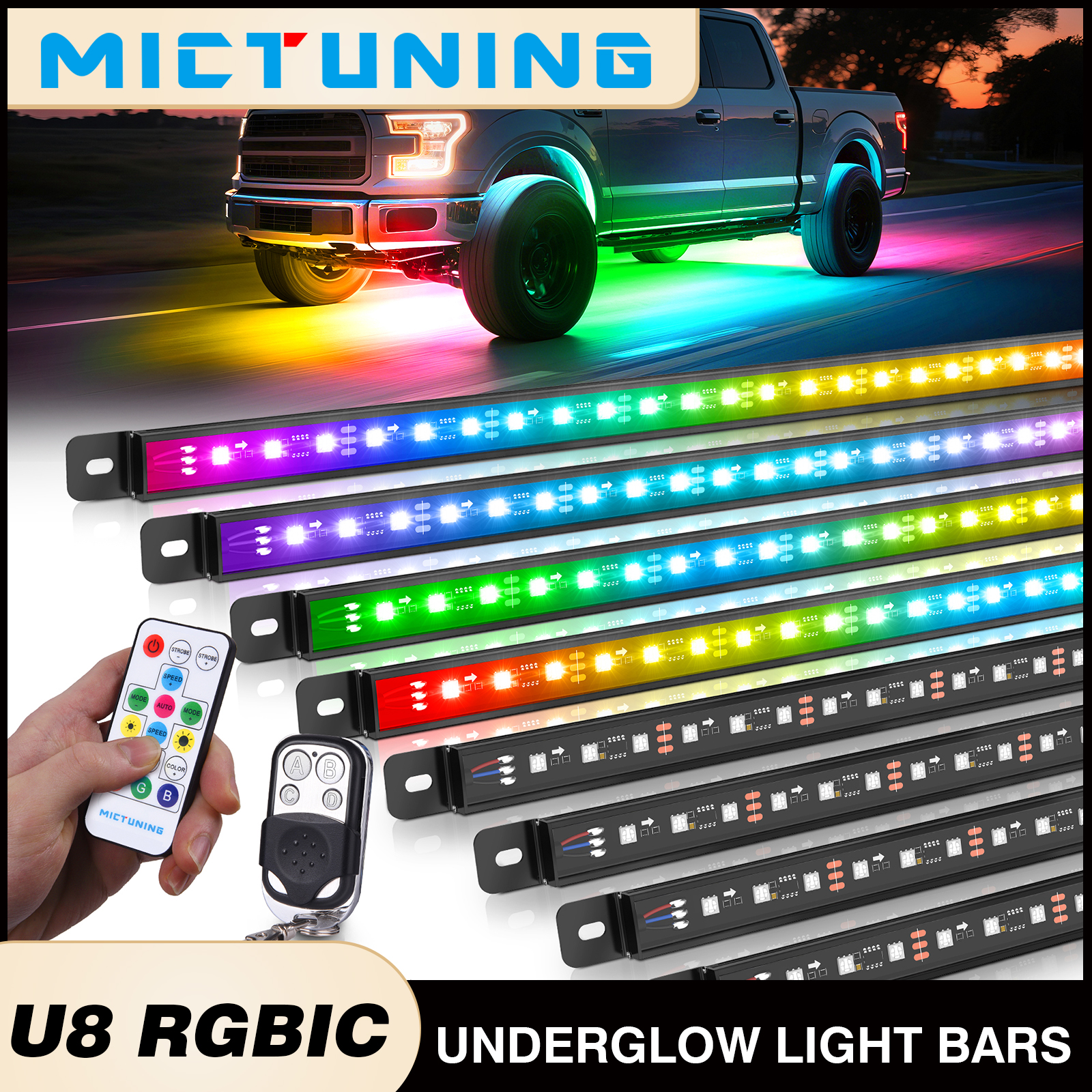 MICTUNING 8Pcs U8 RGB+IC Under - مراجعة Rgb Underglow Strip وسعره